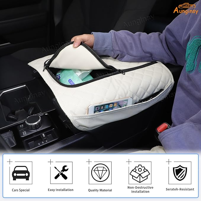 Center Console Armrest Cover Compatible with Toyota Tundra 2022+ Sequoia 2023+ Leather Middle Console Cushion Lid Pad Waterproof Anti-Scratch Armrest Seat Box Cover With Pocket Storage Bag Accessories