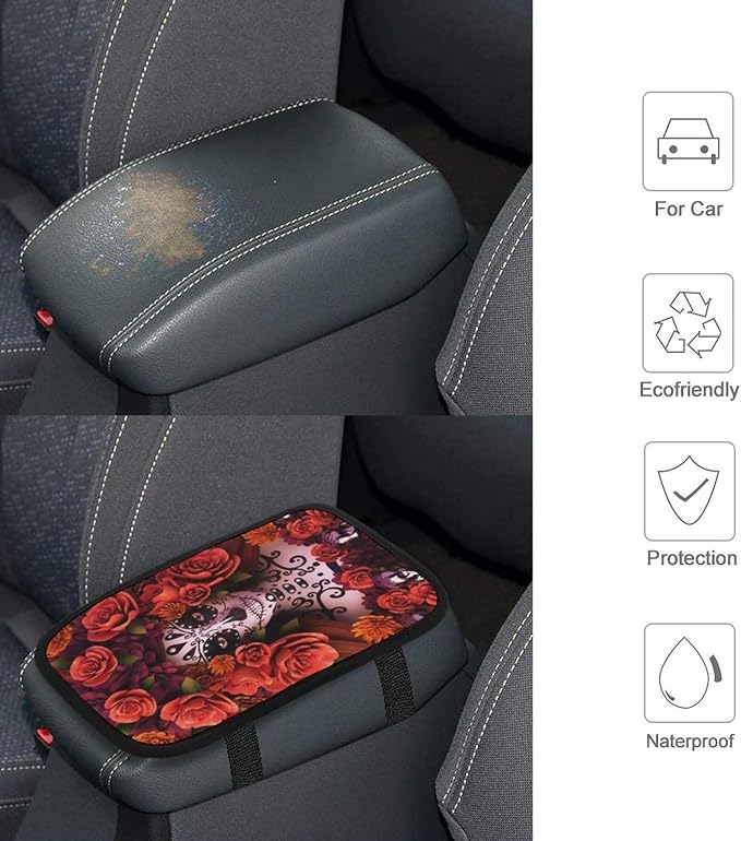 Auto Center Console for Sugar Skulls and Roses Day of Dead Halloween Car Armrest Cover Center Console Armrest Cushion for Car SUV Universal Fit