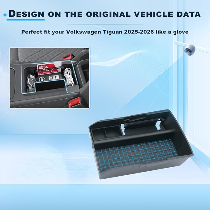 2025-2026 Tiguan Center Console Organizer for 2025 2026 VW Tiguan Armrest Insert Tray+Center Console Tray+TPE Console Cup Holder Middle Console Armrest Storage Box 2026 Tiguan Accessories