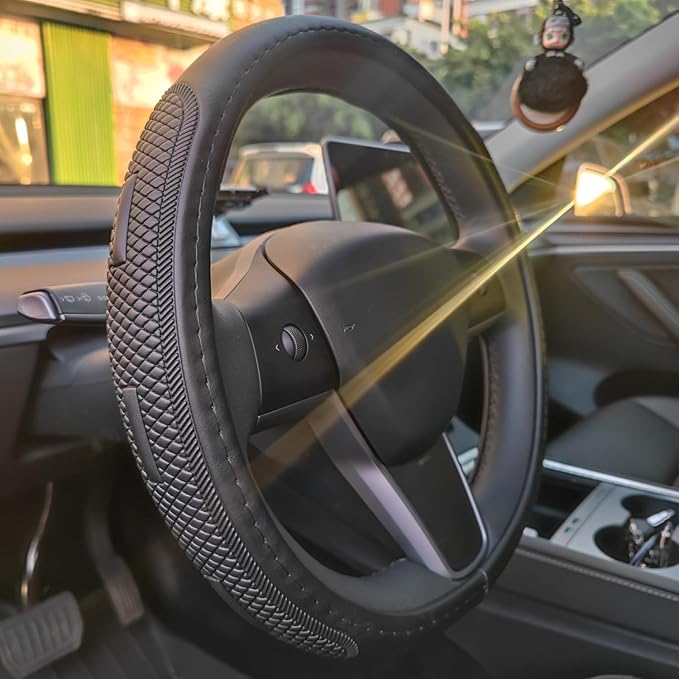 D Shape Steering Wheel Cover for Tesla Model 3 / Y, for Camaro, 14-14.25 Inch Black Leather Car Wheel Cover for Men Women