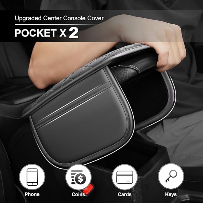 Upgraded Car Center Console Cover Fit for Avalon Faux Leather Car Armrest Cover Cushion with 2 Storage Bags,Car Armrest Storage Box Interior Accessories(Grey&Whiteline)