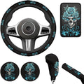 Green Rose Flower Car Accessories 6 Pcs Sets Skull Print Car Steering Wheel Cars Funny Cars Armrest Cover Handbrake Cover Auto Interior Sets