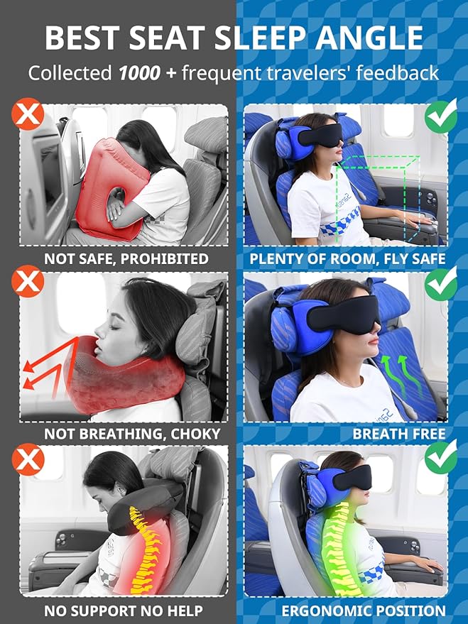 Travel Pillows for Airplanes, Airplane Pillow with Brown-Red Sleep Eye Mask, 360° Neck Support Headrest, Portable Airplane Travel Essentials, Adjustable Airplane Head Strap, Stop Bobblehead