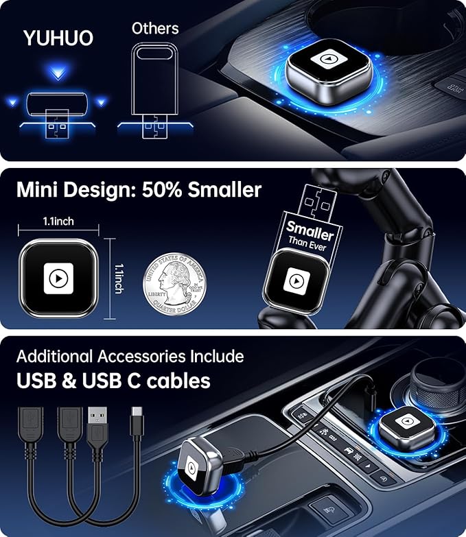 YUHUO Wireless Carplay Adapter, Wired CarPlay to Wireless,Mini USB Design for Car Play&Android Auto, 2025 Upgrade Easy Use Fast Stable Connection for iPhone (Gray)