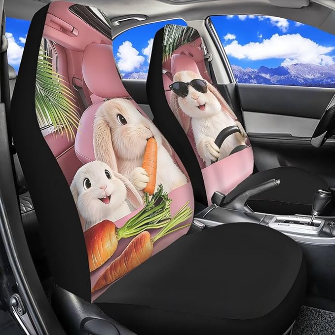Cute Car Seat Covers Breathable Car Seat Covers for Front Seats Rabbit Removable Automotive Accessories Anti-Slip Back Fabric Compatible with Most Cars,SUV,Sedan