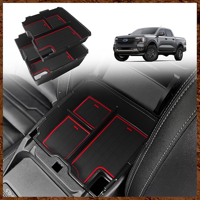 Muslogy Center Console Organizer Compatible with Ford Ranger 2024 2025 2026 & Raptor Accessories Two-Layer Storage Box Insert Tray Secondary Storage Divider Armrest Tray ABS Material Glove Box (Red)
