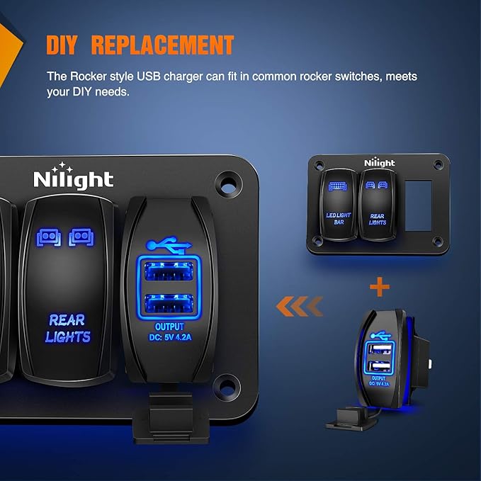 Nilight Dual USB 4.2A Rocker Switch Style 12V/24V Fast Socket Waterproof Quick for Cars Boats Trucks RVs, 2 Years Warranty, Blue