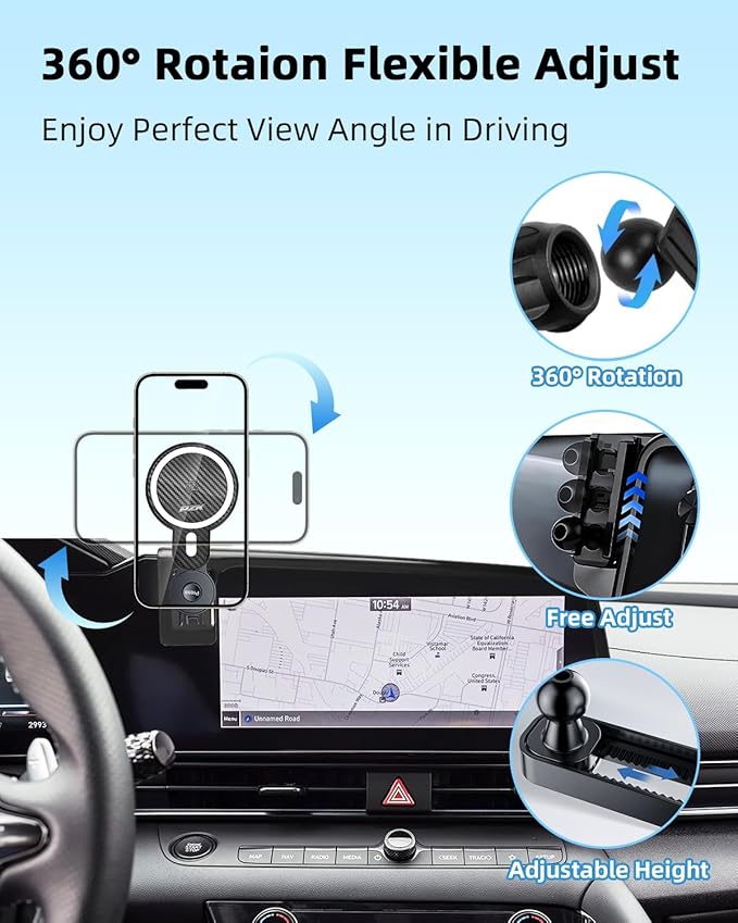 PZK Car Phone Holder for Hyundai Elantra 2021-2025 2026 SE/SEL/Sport/Limited/N Line Accessories for 8-Inch/10.25-Inch Screen Magnetic 15W Fast Wireless Charger Phone Mount 360° Rotating Extension Rod
