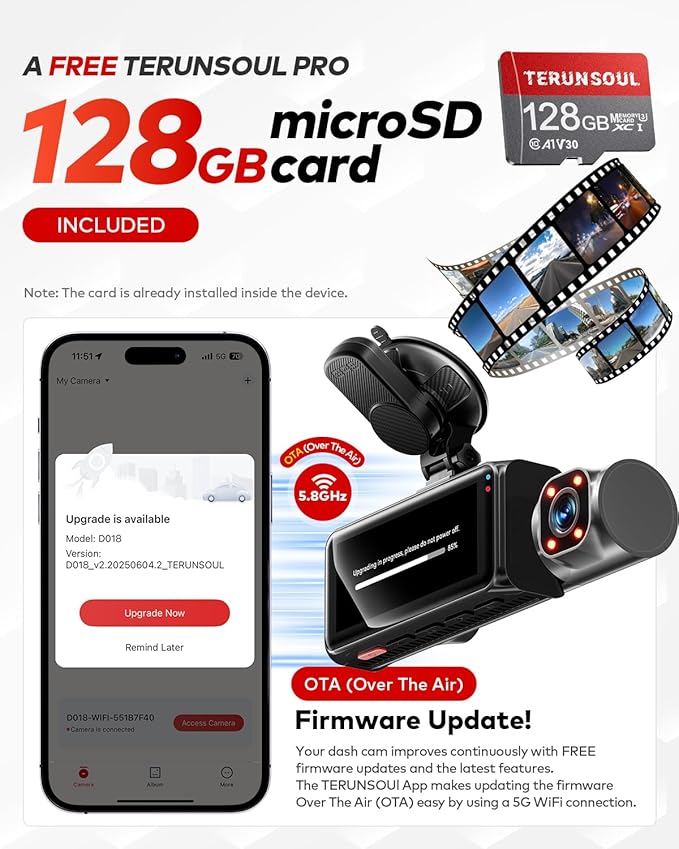4K+4K+1080P 3 Channel Dash Cam Front and Rear with Cabin, Free 128GB Card Included, 5.8GHz WIFI6 - up to 20MB/s, IR Night Vision, Built-in GPS, G-Sensor, 24H Parking Mode, Support 512GB Max