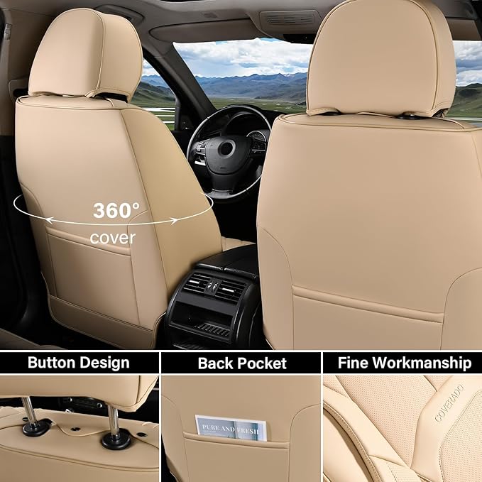 Coverado Car Seat Covers Full Set, Premium Nappa Leather Seat Covers for Car, Waterproof Car Seat Protector with Lumbar Support, Automotive Seat Covers Universal Fit for Most Cars SUV Truck(Beige)