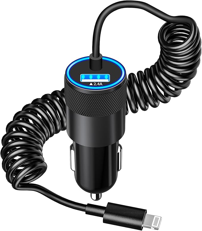 【MFi Certified】iPhone Car Charger Fast Charging, Caiinei 4.8A USB Car Charger Fast Charging Cigarette Lighter Adapter with 6FT Coiled Lightning Cable for iPhone 14 13 12 11 Pro XS Max Mini XR X 8 iPad