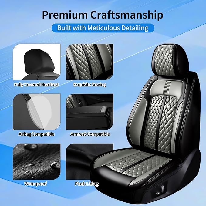 Fit Civic Car Seat Covers for Honda Civic 2020-2026 Sedan(Not for Coupe) - Premium Full Coverage Leather, Waterproof All Weather Breathable Seat Cushion Protector, Front Pair Black+Gray