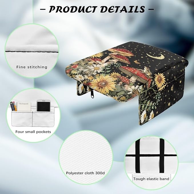 Dreaweet Starry Sky Mushroom Car Armrest Cover Pad Thick Center Console Cover with Pockets Cute Car Accessories for Women Universal Arm Rest Cover for Car Center Console for Truck SUV Cars Sedan