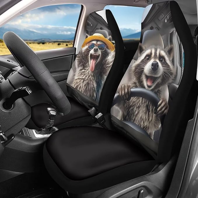 Funny Front Seat Covers for Cars Happy Raccoon Soft Bucket Seat Covers Scratchproof Premium Polyester Seat Covers for SUV Vans Sedans Trucks
