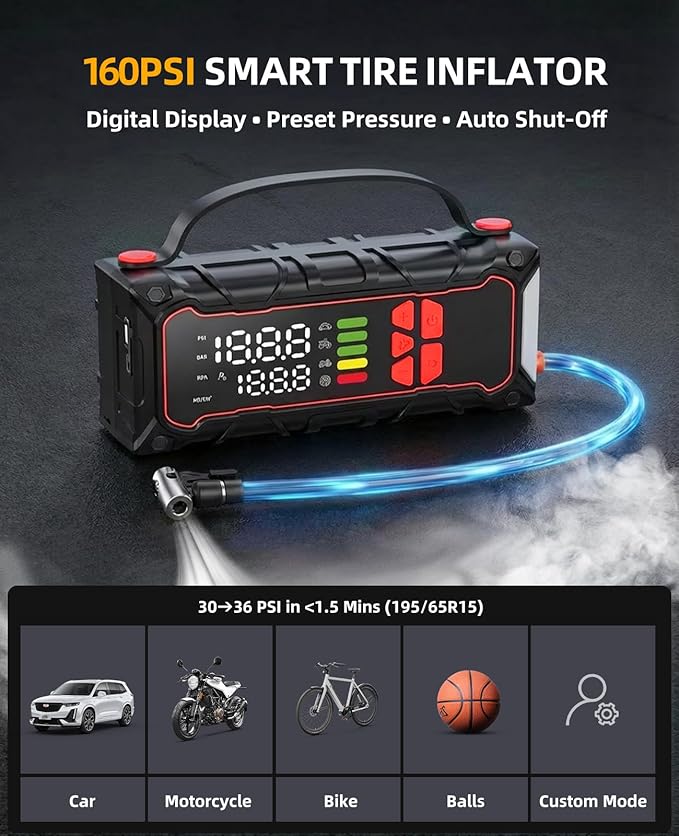 5000A Car Battery Jump Starter with Air Compressor 160PSI, Car Battery Charger 7.0L Gas/6.0L Diesel, Jumper Box for Car Battery with Tire Inflator & Power Bank& Jumper Cables, Mother's Day
