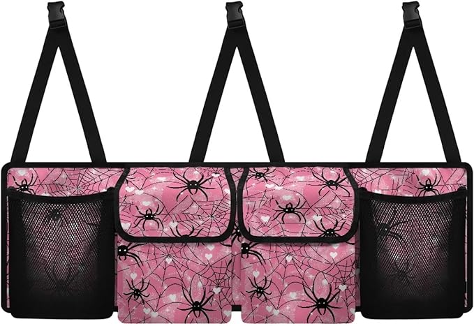 Pink Spiderweb Car Trunk Organizer Bag Car Back Seat Hanging Storage Bag Auto Cargo Bags with 4 Large Pockets Universal Automotive Interior Accessories