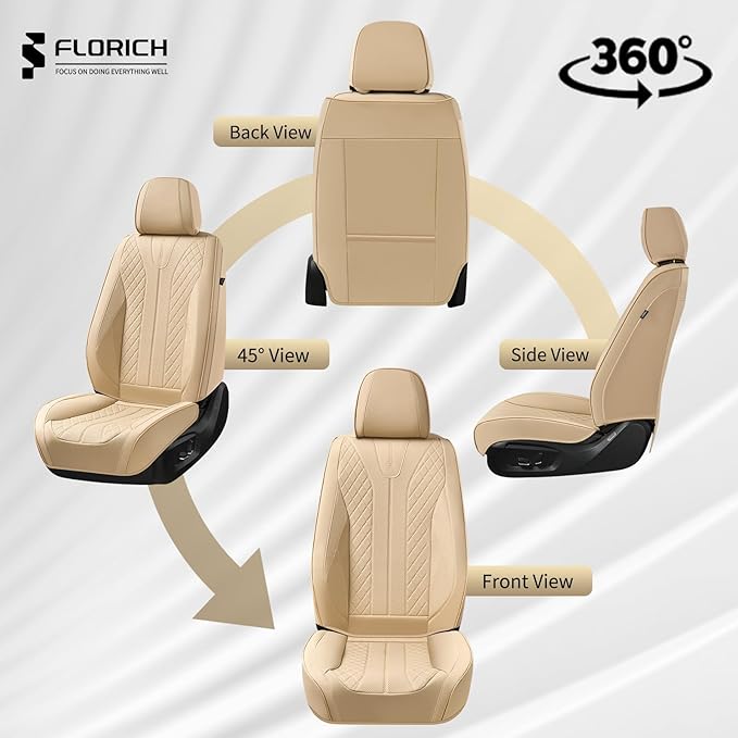 FLORICH Front Seat Covers, Leather Car Seat Covers Luxury Automotive Seat Covers Waterproof Car Seat Protectors Universal Fit for Most Cars SUV Trucks Vehicles, Beige