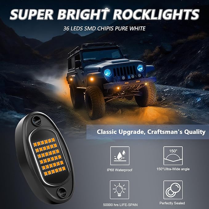 GSRECY Rock Lights Ultra Bright LED Neon Underglow Lights Waterproof for Trucks Pickup SUV UTV ATV RZR Car Boats Motorcycle (Yellow, 4 Pods)