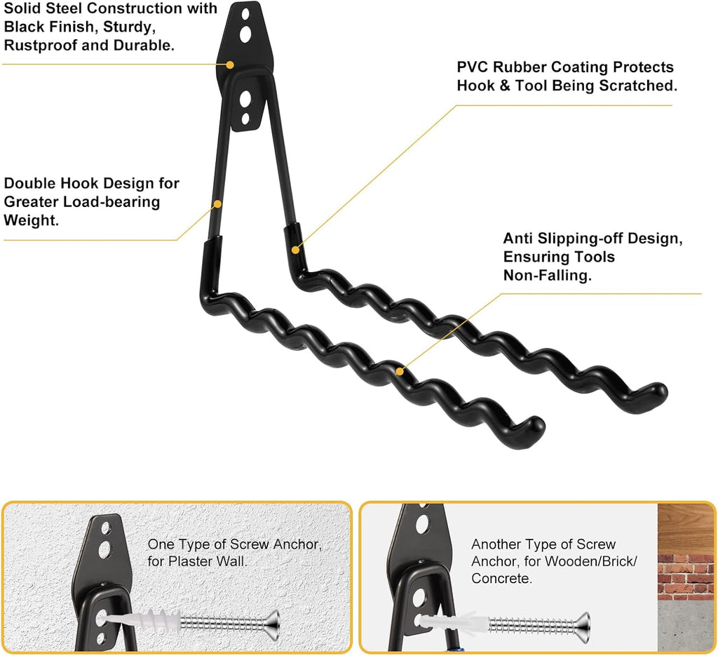 Wall Mounted Garage Hooks Tool Organizer, 12.4 Inch Garage Storage Hook Heavy Duty Utility Wall Hangers Black for Ladders, Hose, Garden Tools, Set of 4