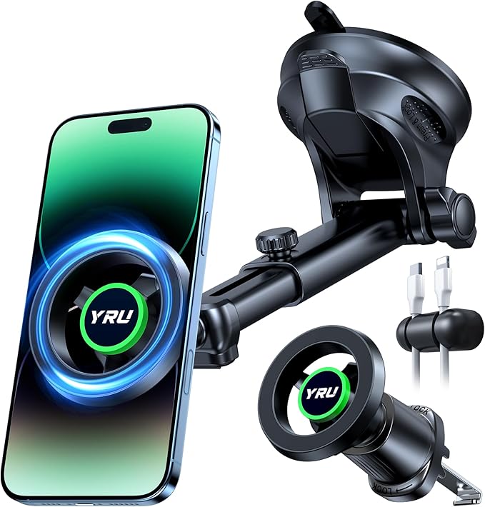 YRU [2026 Military-Grade] for Magsafe Car Mount [90+LBS Strong Suction] 360° Adjustable Magnetic Phone Holder for Car Dashboard Windshield Vent, Cradle for iPhone 17 16 15 14 13 12 Samsung, Black