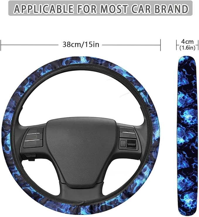 AFPANQZ Skull Blue Flame Automotive Steering Wheel Covers Universal Fit 14 to 15 inch Steering Wheel Covers with Cloth for Women Keep Warm Comfort Grip Sweat Absorption Neoprene