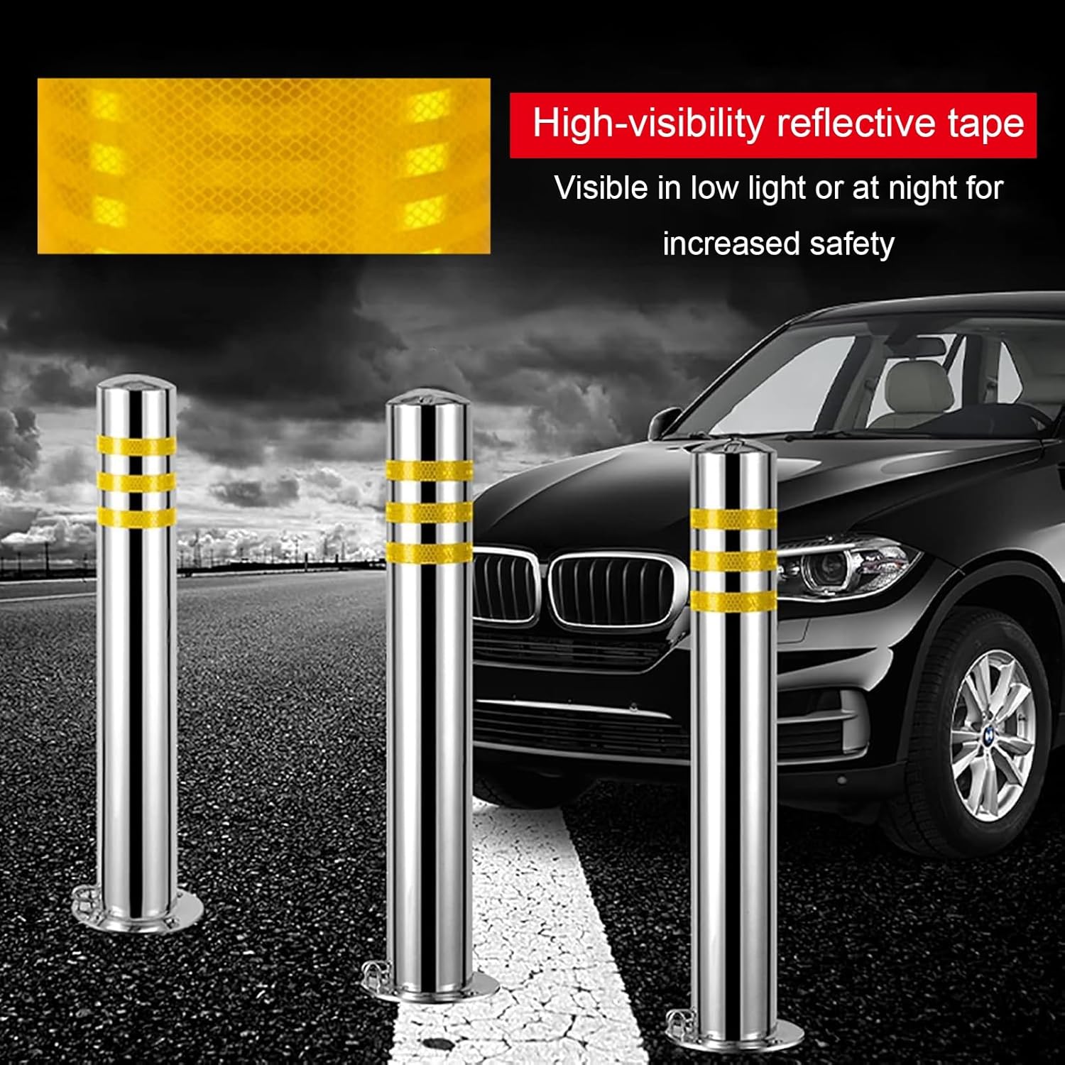 Stainless Steel Parking Bollards for Driveway, Industrial Safety Bollards Reflective Channelizer Post, Parking Barrier, Sturdy and Durable, Easy to Install, for Crowd Control(Silver (4pcs),7.6*75cm/3*