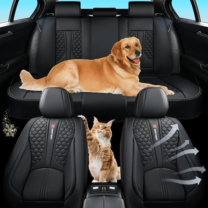Black Universal Car Seat Covers Premium Nappa Leather with Lumbar Support Waterproof Full Set Non-Slip Contoured Fit Airbag Compatible Fits Most Vehicles Easy to Clean and Install