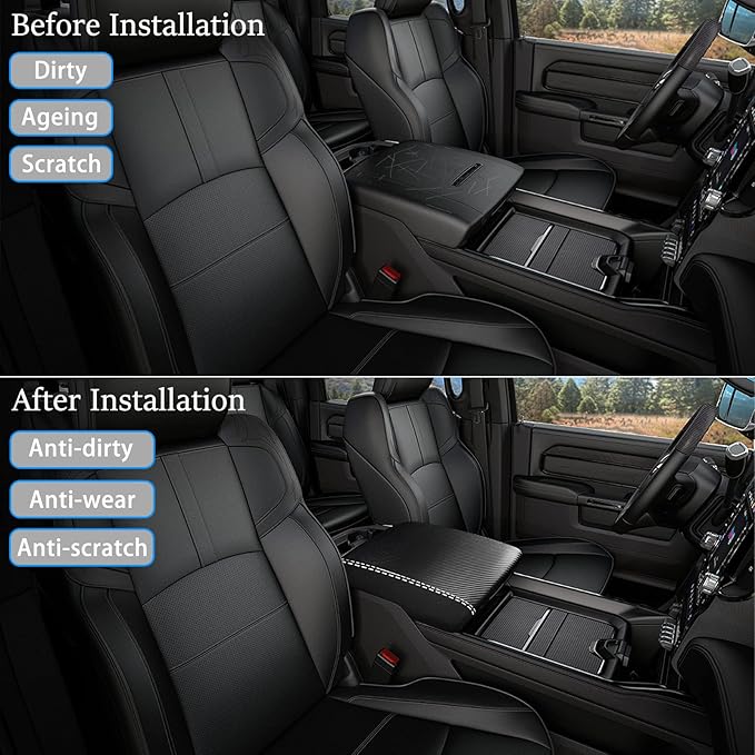 Center Console Cover Anti-Scratch Waterproof Leather Armrest Pad Protector Cushion for Dodge RAM 1500 2500 3500 2019 2020 2021 2022 2023 Interior Accessories(Carbon Fiber with Black)