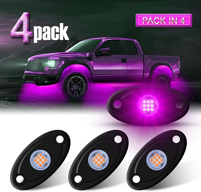 4 Pods LED Rock Lights Purple Neon Underglow Light Kits for Car ATV UTV SUV Boat Underbody Glow Trail Rig Lights Waterproof (Purple)