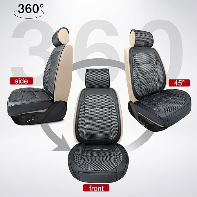 2 Pack Ventilated Cooling Car Seat Covers for Summer, 3D Air Mesh Breathable Leather Front Seat Protectors with Storage Pocket, Universal Fit Non-Slip Seat Cushion for Car Truck SUV(Black)