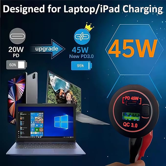 45W PD & 18W QC3.0 USB Laptop Car Charger Power Socket, Marine Type-C/USB C Port Fast Charging Adapter, 12V USB Power Outlet with ON/Off Switch Button Waterproof Cover for Boat RV Truck Golf (Red)