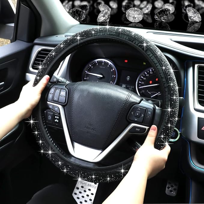 Bling Steering Wheel Cover, Crystal Rhinestone Diamond Steering Cover Universal Fit 15 inch Car Steering Wheel Protector for Women & Girl (Black)