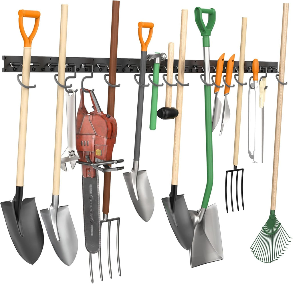 TORACK Plastic Wall Mounted Mop and Broom Holder, Garden Tools Organizer for Garage Wall, Yard Tool Storage Rack for Rakes, Shovels, Mops, Brooms (4 Tracks, 16 Hooks)