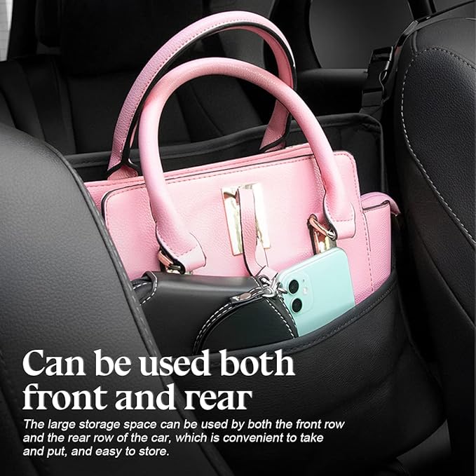 XINLIYA Car Handbag Holder Between Seats, PU Leather Multi-Pocket Large Capacity Purse Holder, Auto Net Bag Barrier of Backseat Pet Kids, Car Seat Organizers and Storage for Cargo Tissue Cup（Black）