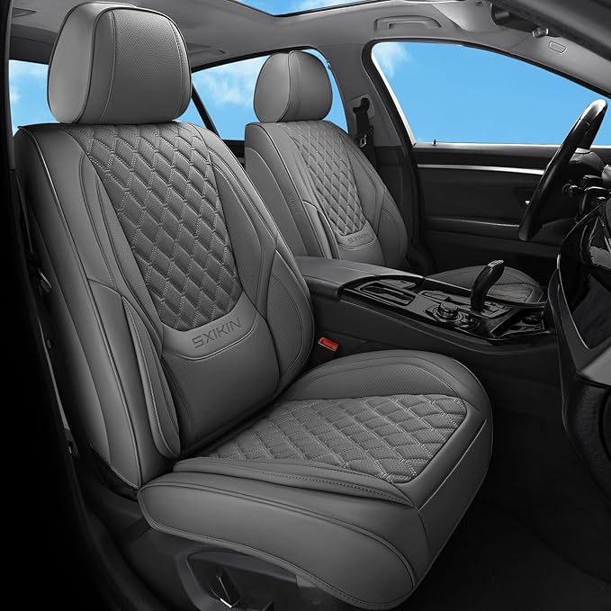Car Seat Covers Front Seats, Luxury Faux Leather Car Seat Covers Waterproof Non-Slip Seat Protector Universal Fit for Most Cars SUVs Trucks Pick-ups, Grey Car Accessories Interior