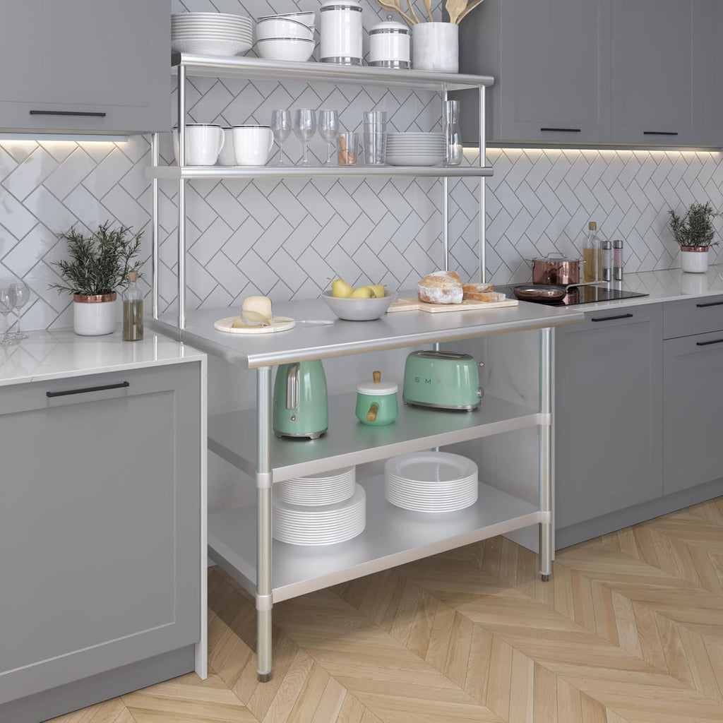 Amgood Stainless Steel Work Table with 2 Shelves | 30" x 48" Table with 2 Shelves + 12" Overshelf