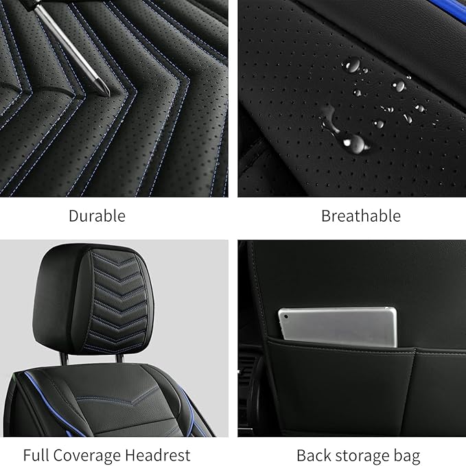 Car Seat Covers, Breathable and Waterproof Leather Seat Covers for Cars, Universal Anti-Slip Driver Seat Cover for Most SUV Pick-up Truck Sedan (2 PCS Front Seat, Black + Blue)