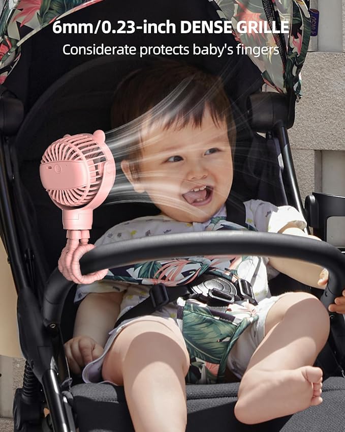 buywoo Portable Stroller Mini Fan, Small Rechargeable Personal Cooler w/ 360° Rotation, Baby Essentials for Car Seat, Crib, Bike, Treadmill, 3-Speed Battery Powered Stroller Accessories, Pink