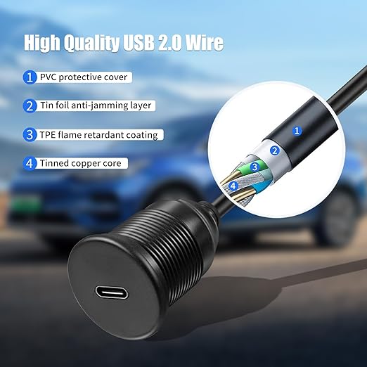 Single Port USB A 2.0 Male to Type C 2.0 Female Extension Cable,Flush Mount Waterproof Panel Cable for Car,Truck,Boat,Motorcycle Dashboard 3.3ft
