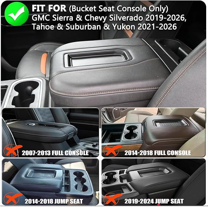 Center Console Cover Fit for GMC Sierra & Chevy Silverado 2019-2026, Tahoe /Yukon /Suburban 2021-2026 Thickened Leather Armrest Cover Cushion Center Lid Protector With Pockets (Bucket Seat Only)