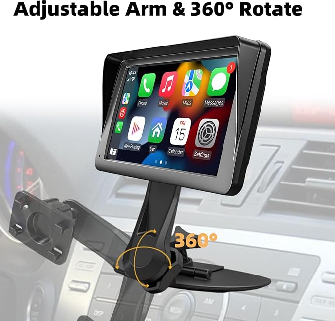 Extended Arm CD Slot Mount for CarPlay Screen Adjustable 360° Rotating Universal Head Compatible with in-Car Monitors CD Slot CarPlay Mount for 7" 9" 10.26" Portable Car Stereo Cd Bracket