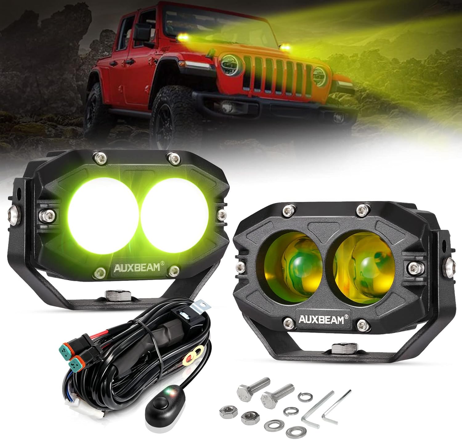 Auxbeam 4 Inch Amber Fog Light, 60W Square Pod With 5050 LED Yellow Spot Lens Beam Offroad Driving for Jeep Motorcycle SUV Trucks Boat (2 Pcs)