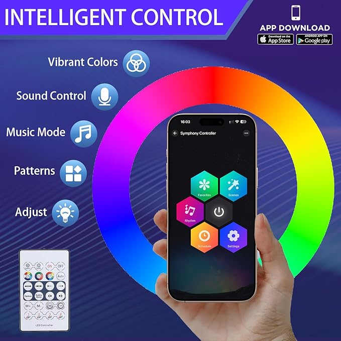 Universal LED Ambient Lighting Kit for Car Dashboard - Smart App Control, 16 Million RGB Colors, Motion Sensor, Easy Installation, Premium Silicone Strip for All Vehicles (Sedan, SUV, Truck)