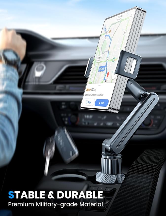 eSamcore Tablet Holder for Car, for iPad Stand Cup Holder Car Mount with 1.57" Depth Large Clamp 15" Height Adjustable Tab Mount Holder for 6"-12.9" Cell Phone iPhone Travel iPad Accessories