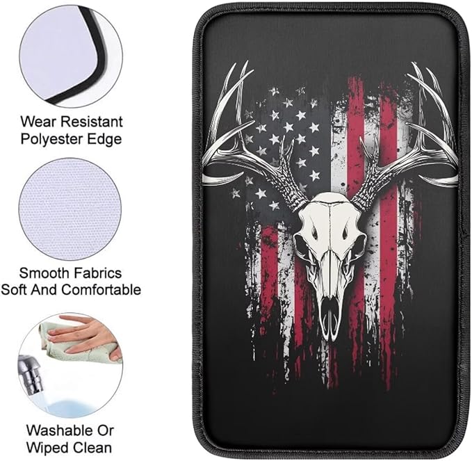 Deer Skull Print Car Center Console Pad American Flag Print Armrest Seat Box Cover Protector for Auto Interior Decor Dust-Proof Universal Neoprene Armrest Pad