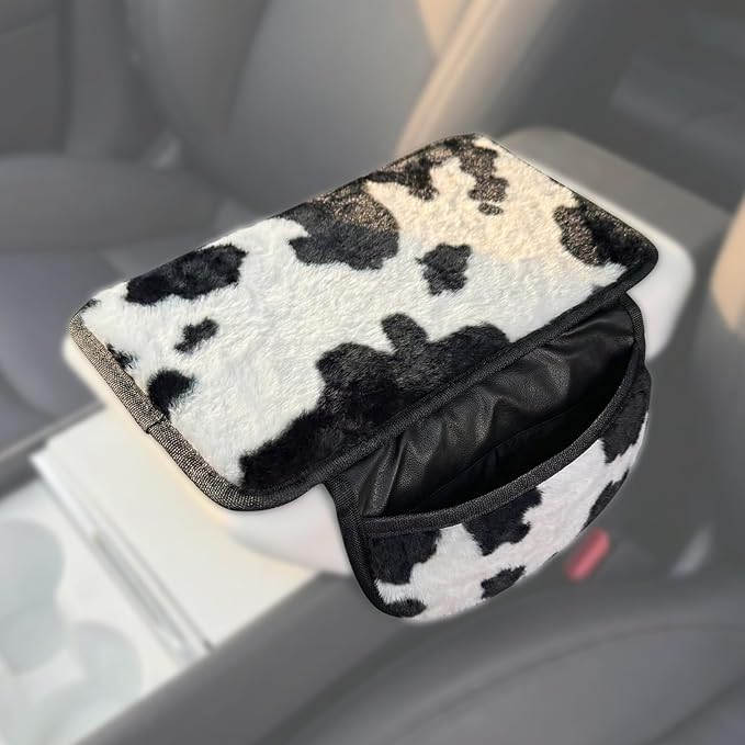 Plush Cow Print Car Center Console Cover with Side Pockets, Fluffy Armrest Cushion Pad,Soft Cow Car Interior Decorations Accessories with Storage for Women,Universal Fit for Vehicles SUV Truck