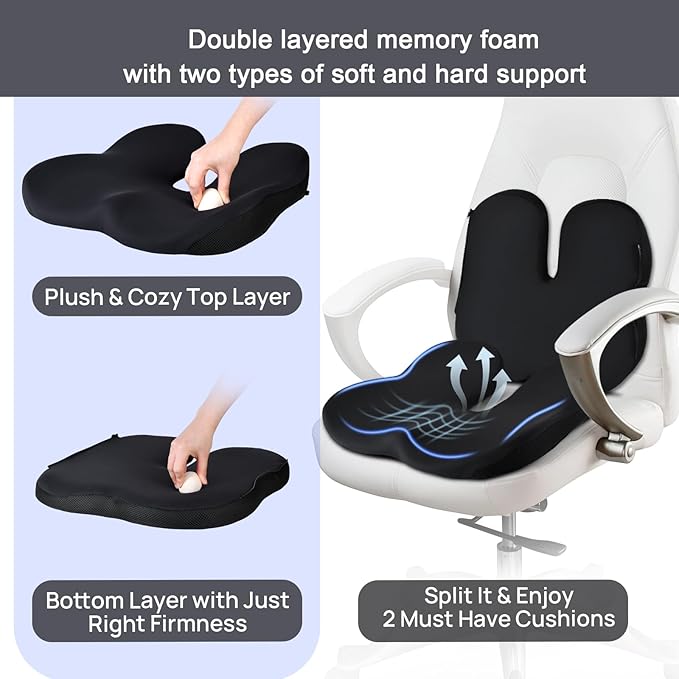 Office Chair Cushion & Car Seat Cushion - Memory Foam Dual-Layer Ergonomic Seat Cushion for Tailbone Pain Relief, Coccyx Support, Soft Yet Firm Comfort for All-Day Sitting