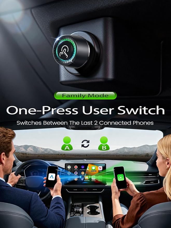 Wireless CarPlay Adapter for iPhone, 1-Click Switch for 2 Phones, Plug & Play, No Delay, Converts Wired to Wireless Car Play Dongle, Fast Stable for Cars 2016+ with Apple CarPlay & Android Auto Grey