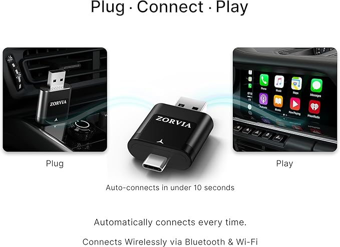 ZORVIA Wireless CarPlay Adapter for iPhone & Android Auto 2026 Upgraded - Convert Wired CarPlay to Wireless, Fast Auto Reconnect, Plug and Play, USB-C & USB-A (Black)