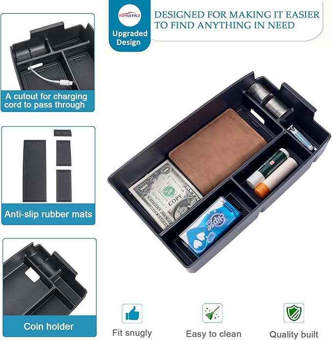 TOPINSTALL Center Console Tray Compatible with Bronco Sport 2021-2025/Ford Escape 2020-2026 Accessories, Long Compartment Storage Organizer Coin Container Black (Not for 2026 Sport)